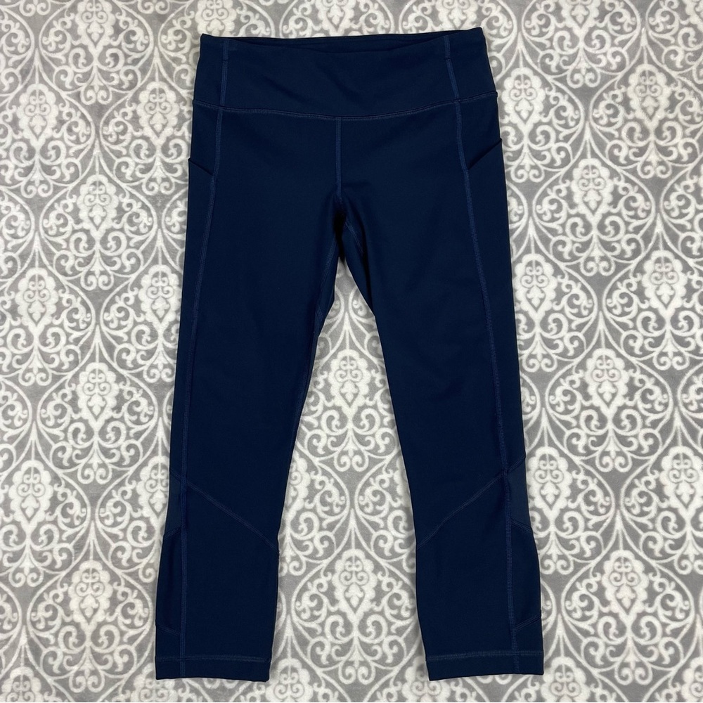 lululemon crop leggings mesh navy blue yoga lightweight running women's size 6